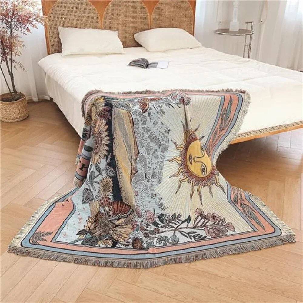 Boho Throw Blanket Reversible Cotton Tapestry Hippie Room Decor
